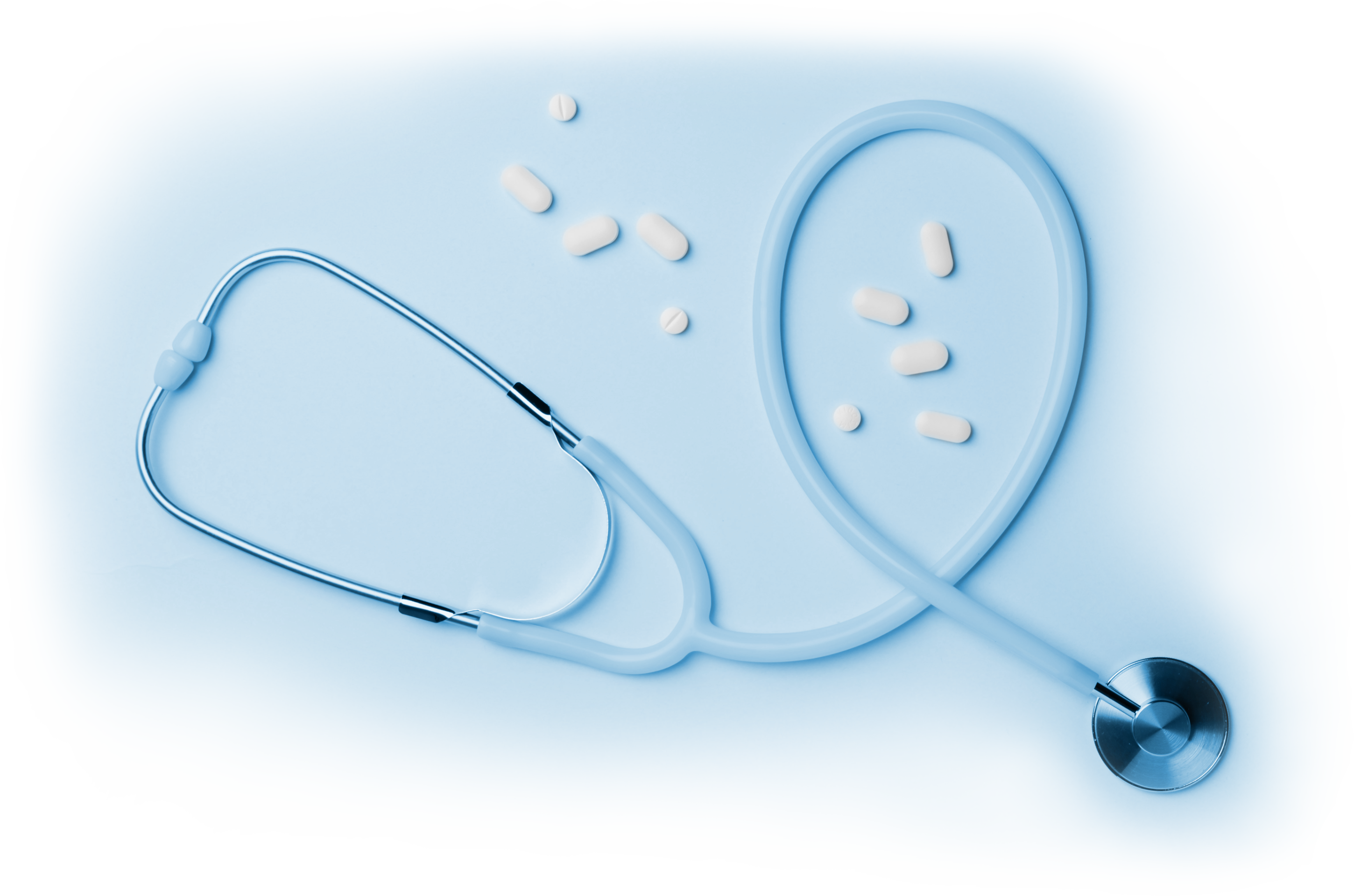 Zils stetoskops ar baltām tabletēm